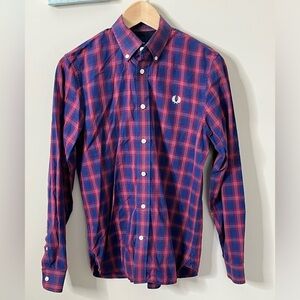 Fred Perry Red Blue Plaid Button Up Work Shirt Size Small